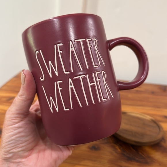 Rae Dunn Maroon SWEATER WEATHER Mug w/ Wood Fall Maple Leaf Coaster - Picture 6 of 7